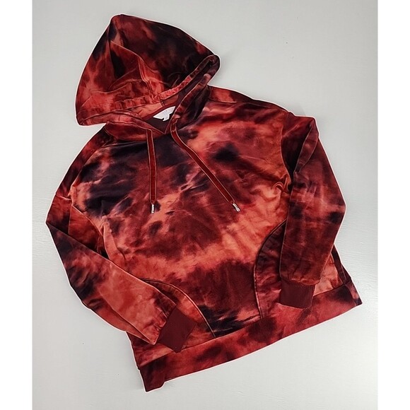 Velvet Velour Tie Dye Rust Red Pullover Hoodie Y2K Party Rave | Size Small - Picture 1 of 6